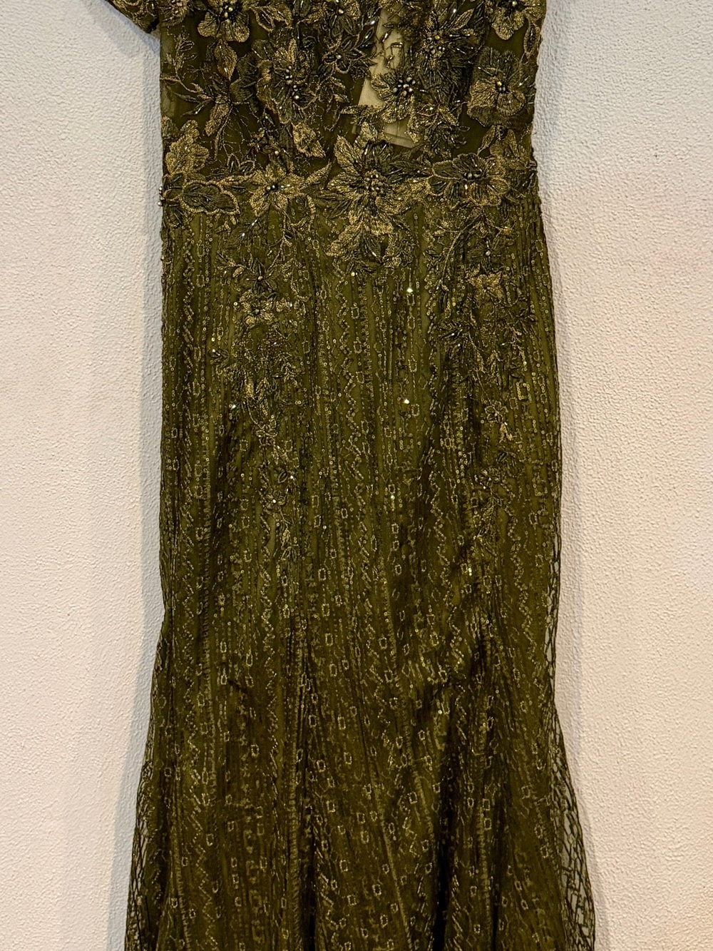 Mac Duggal Olive Green Beaded Cap sleeve Gown